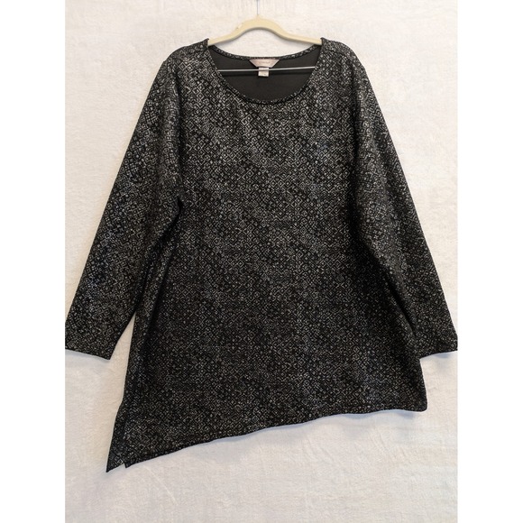 CJ Banks 2X Tunic Top Black Silver Metallic Asymmetrical Hem Long Sleeve - Picture 1 of 7